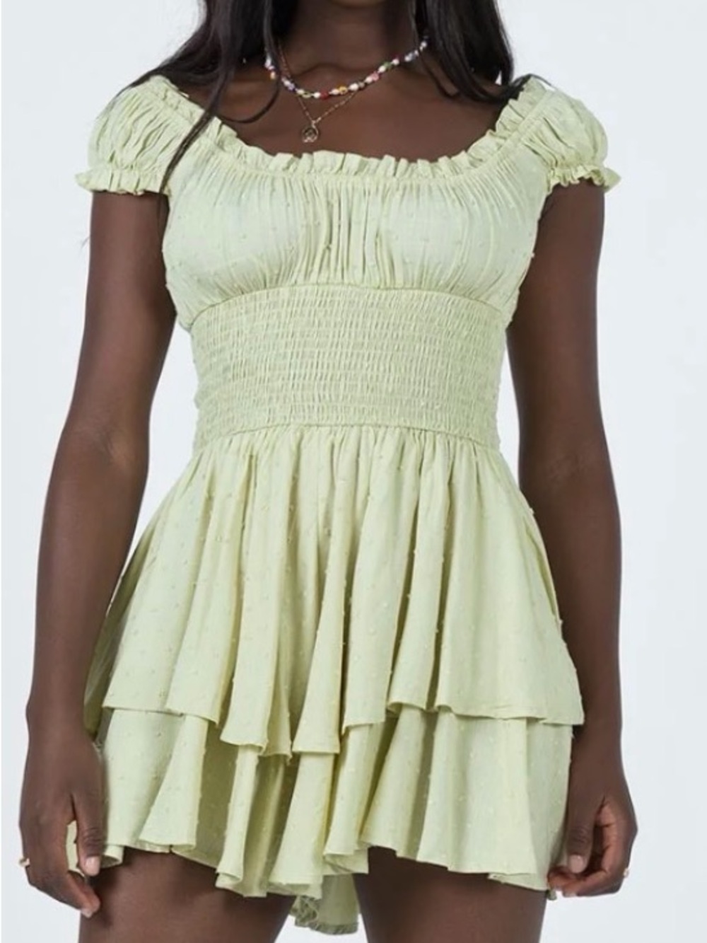 Princess Polly Sage Green Swiss Dot Smocked Mini Romper Dress Size 0 CS
